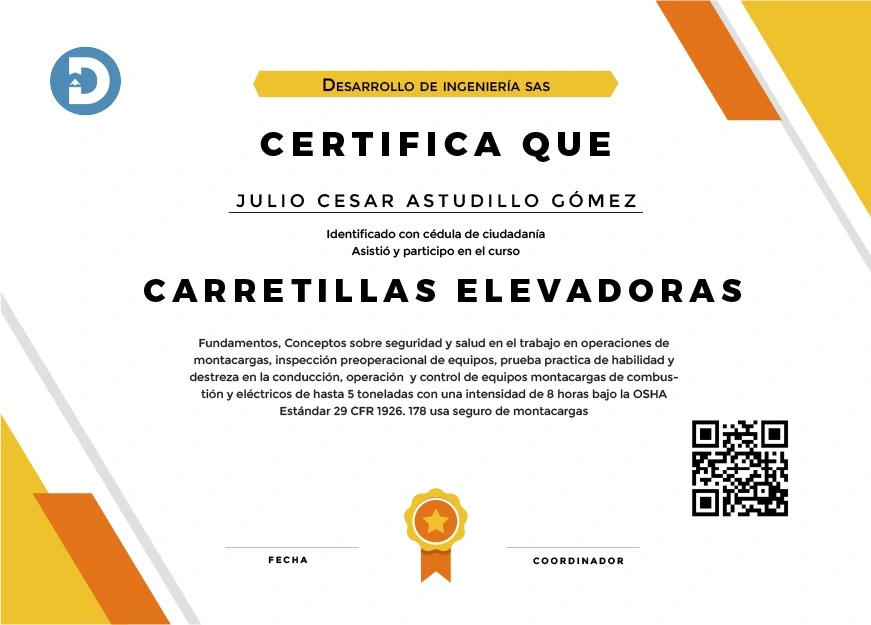 certificado de carretilla elevadora, certificado de carretillero